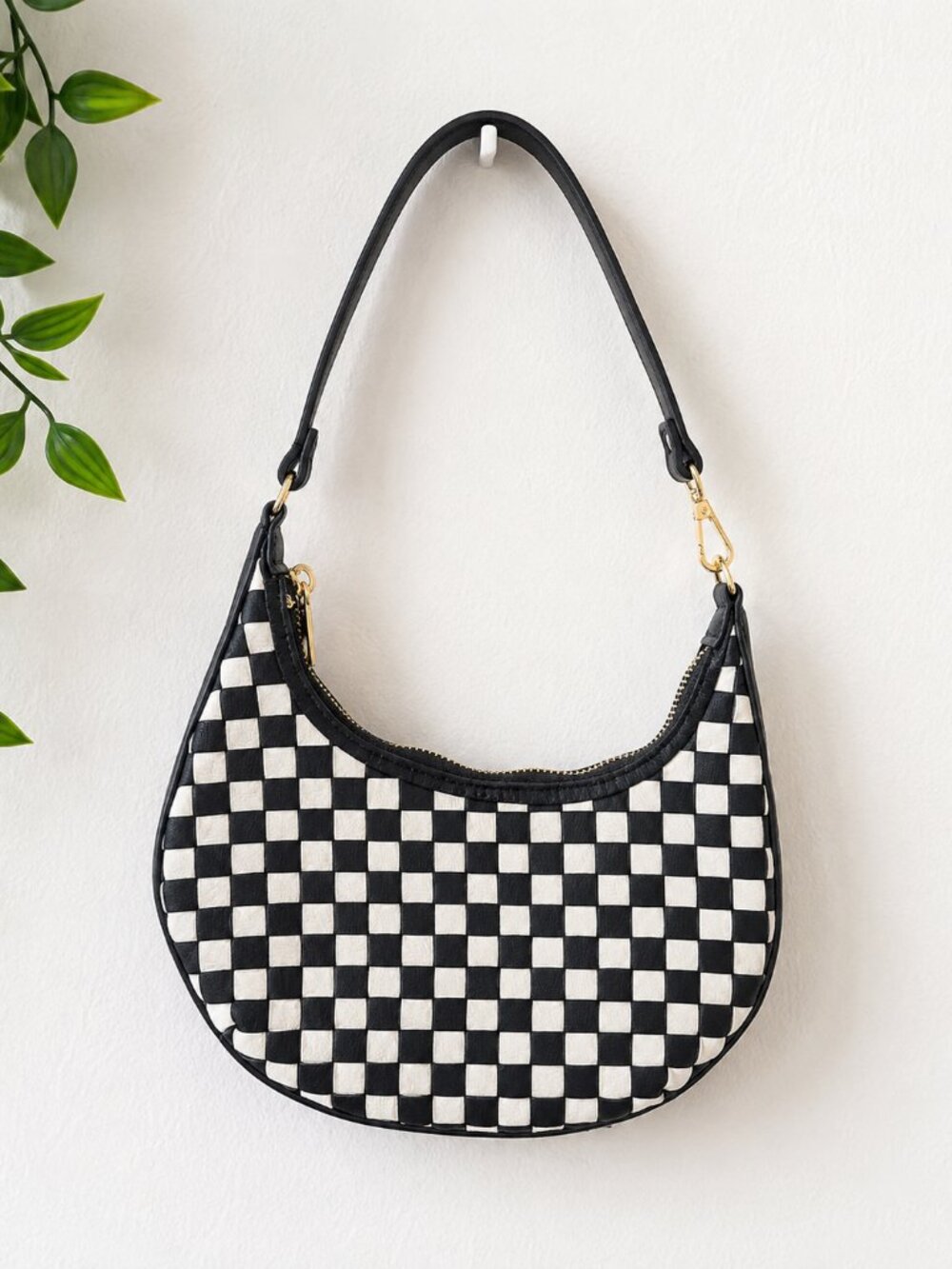 Y2K Checkerboard Mini Shoulder Bag Black White Crescent Purse NWOT